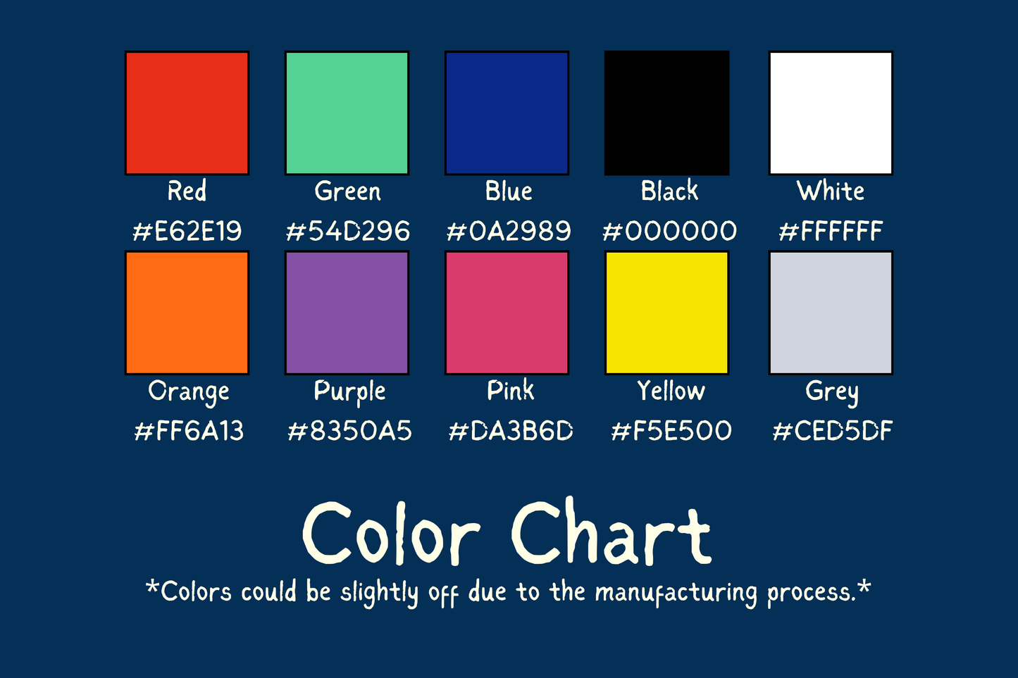 Color chart with text and color swatches on a blue background