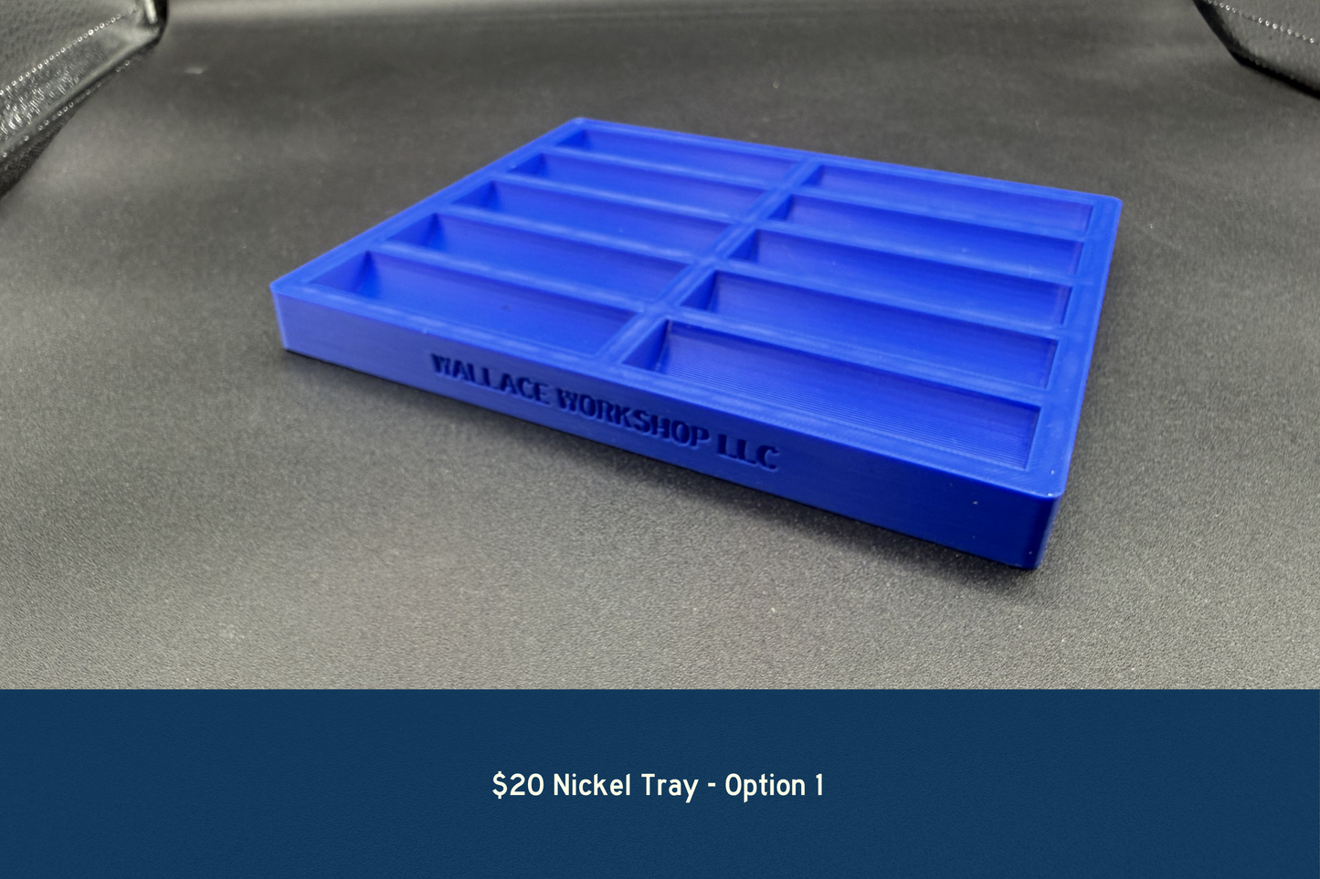 Blue nickel tray with 'Wallace Workshop' branding on a gray surface