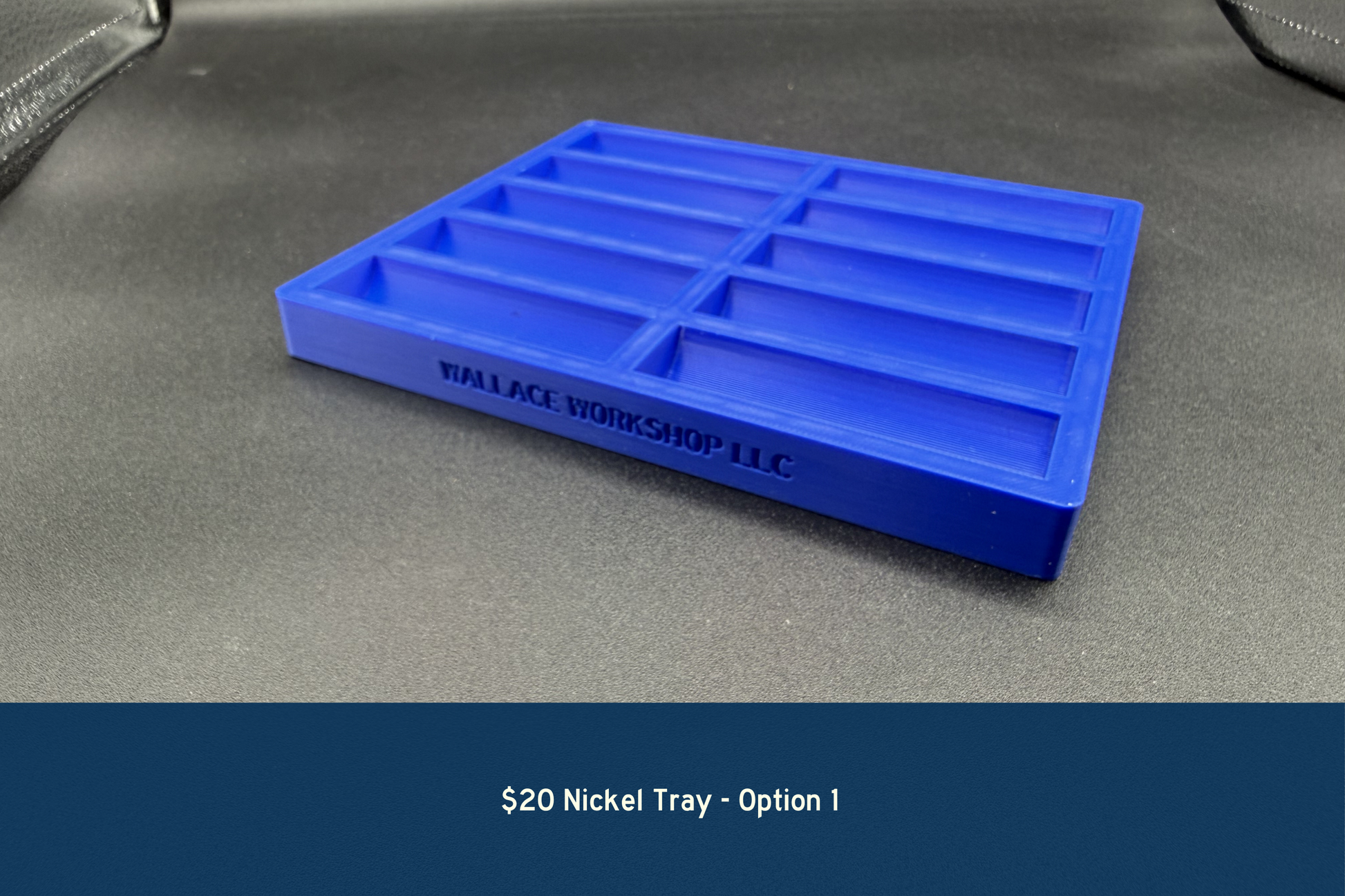 Blue nickel tray with 'Wallace Workshop' branding on a gray surface