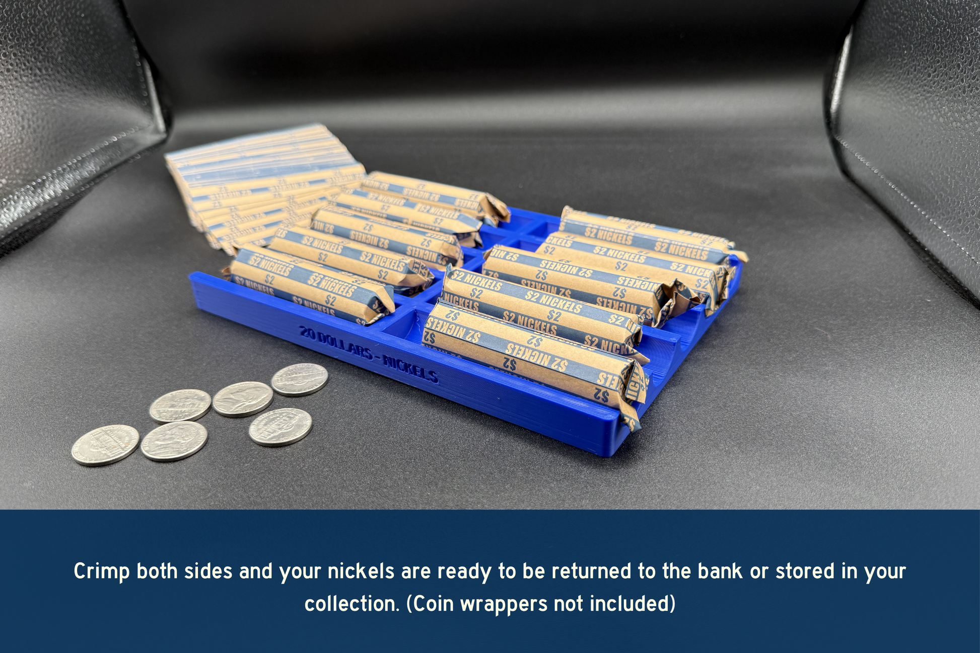 Rolls of coin wrappers on a black surface with text about returning coins to the bank.