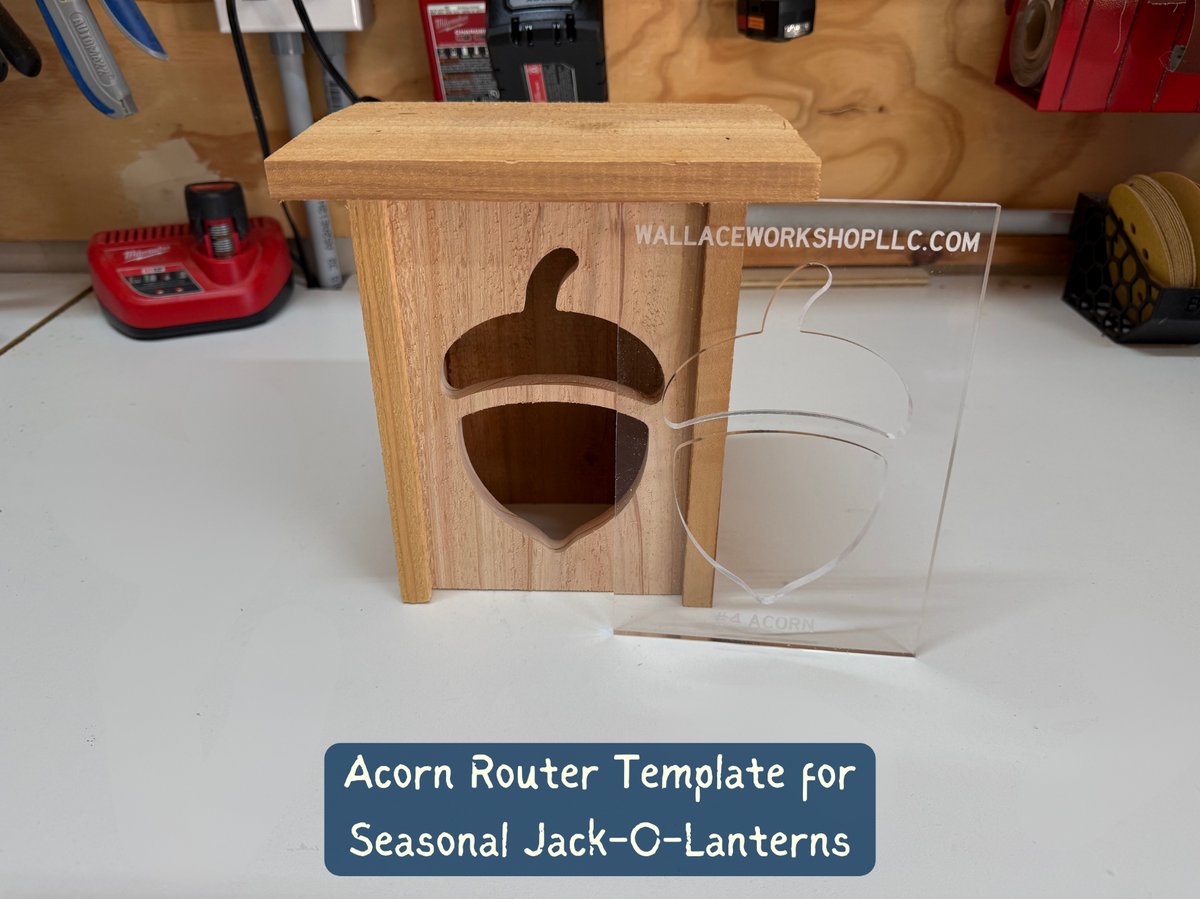 Acorn template and a completed wood jack-o'-lantern with acorn face