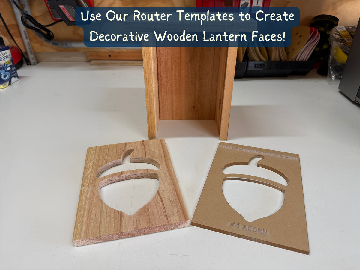 Acorn router template and routed cedar panel beside lantern body