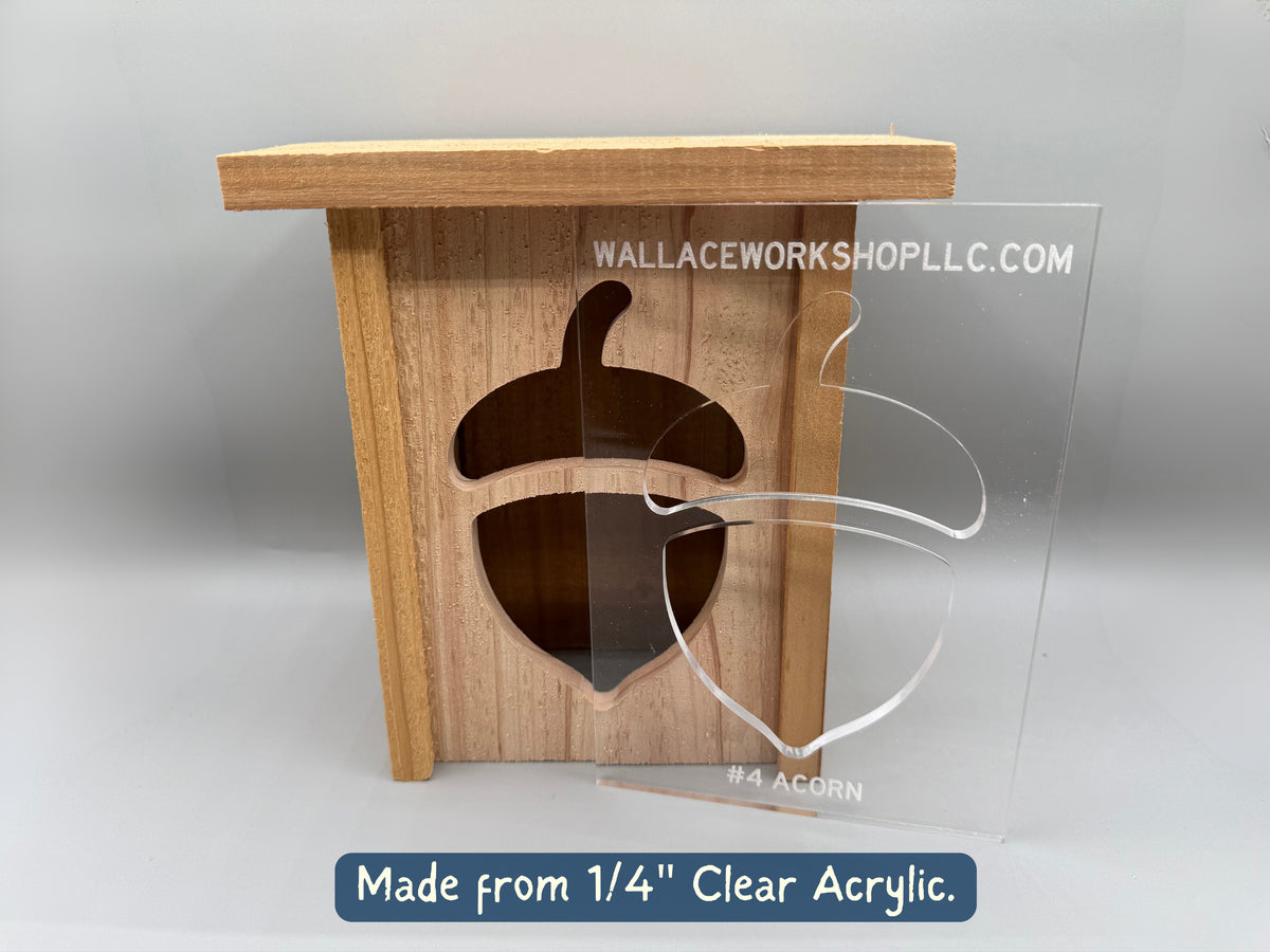 Transparent acorn router template beside finished wooden lantern