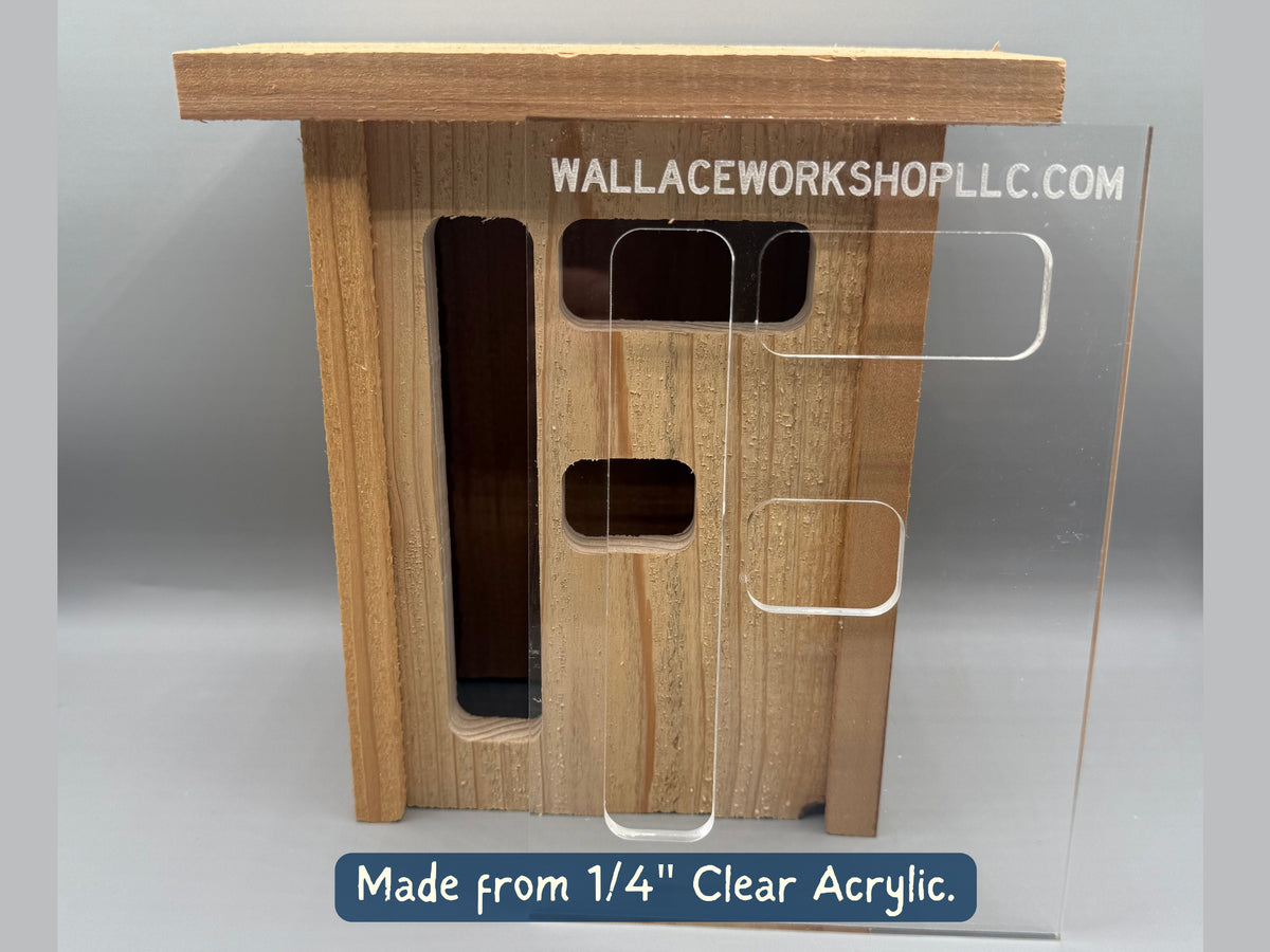Clear F acrylic router template with decorative wooden lantern face