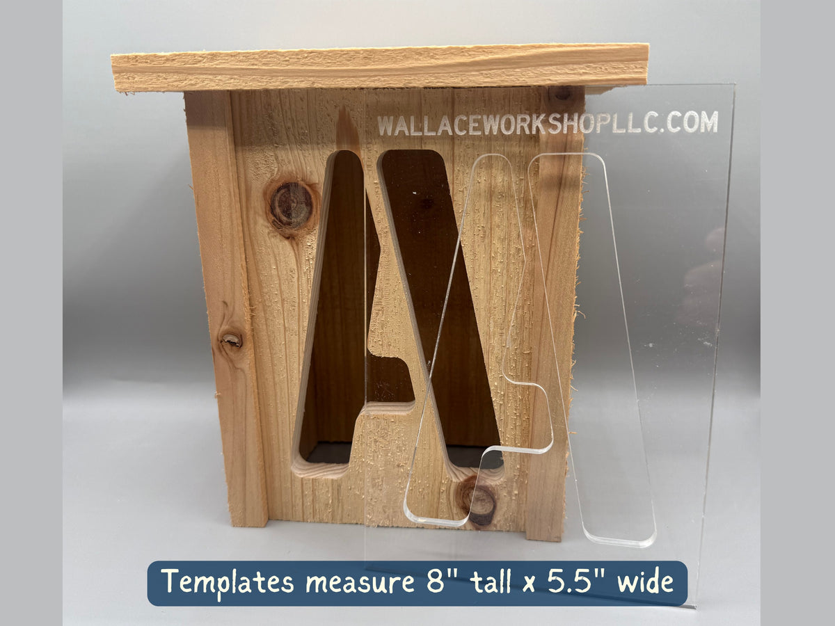 Clear A acrylic router template showing lantern face example and dimensions