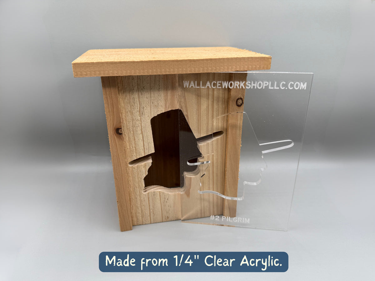 Clear acrylic Pilgrim template with wooden lantern example